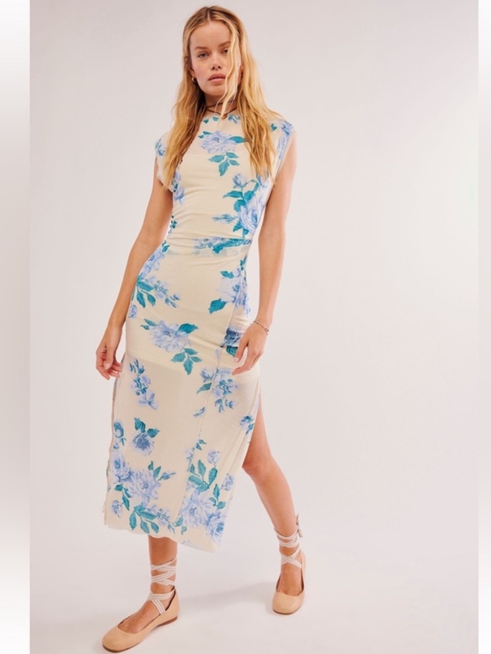 NWT Free People Carmel Midi Dress with Teal Floral Print Small